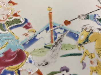 A Chinese famille rose dish with warriors on horseback, Qianlong
